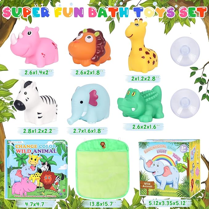 Light Up Bath Toys for Toddlers Kids Baby Boys Girls, No Hole Bath Toys with Bath Book & Organizer, Glow Bath Time Toys for Bathrooms Pool, Animals Bathtub Toys Gift for Toddlers Kids Baby Infants