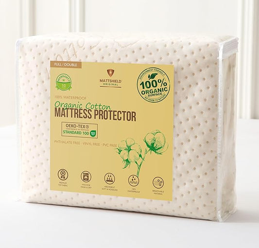 Luxury Waterproof Organic Mattress Protector Full - Organic Cotton Breathable Mattress Pad Cover - New 380 GSM Comfort - Deep Pocket - Jersey Cotton Skirt - Fitted Comfort