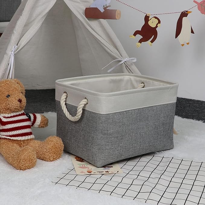 Bidtakay Baskets Set of 3 Storage Baskets for Organizing Large Fabric Storage Bins for Shelves Decorative Canvas Bins Collapsible Empty Baskets for Closet,Nursery,Clothes,Toys,Shoes(White&Grey)