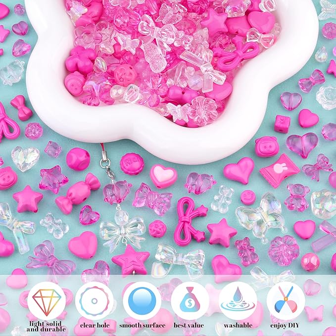Assorted 170-230PCS Rose Pink Acrylic Beads for Bracelet Making, Flower Bow Butterfly GummyBear Aesthetic Bracelet Charms,Cute Beads for Jewelry Making DIY Necklace Keychain Phone Charm