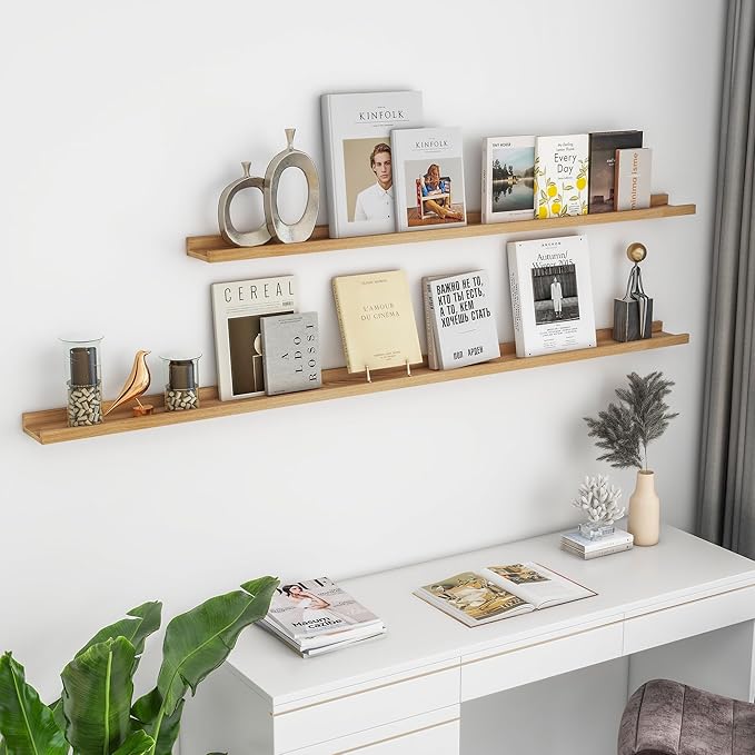 Solid Ash Wood Picture Ledge Shelf, Wood Floating Shelves Set of 2, 48 Inch Long Large Photo Ledge Shelves, Nursery Book Shelves Wall Mounted for Living Room Kids' Bedroom Decor, Natural