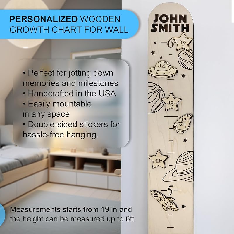 Wooden Height Chart for Wall - Personalized Boy Growth Chart, Custom Name Space Ship Theme Height Ruler Wood, Nursery Growing Wall Meter for Children, Large Baby Growth Chart Solar System, 2 Sizes