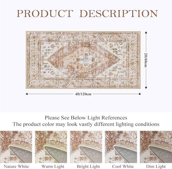Lahome Boho 2x4 Rug Runner, Non-Slip Low-Pile Washable Kitchen Rugs Small Throw Bath Mat Runner, Oriental Accent Print Runners Area Runners for Hallway Bedroom Entryway Kitchen Living, Taupe