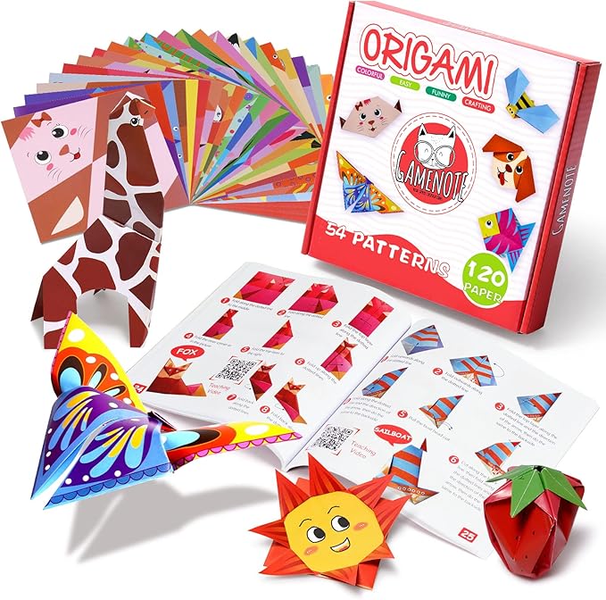 Gamenote Colorful Origami Kit for Kids 54 Projects 120 Double Sided Origami Paper 12 Sheets Practice Papers Instructional Origami Book Origami Gift for 4+ Girls Boys Adult Beginners Training Craft