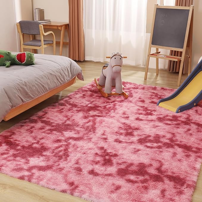 Luxury Area Rug, 6x9 Rugs for Living Room, Ultra Soft Rugs for Bedroom, Non-Slip Indoor Carpet for Nursery, Kids Room, Playroom, Home Decor, Tie-Dyed Dark Pink