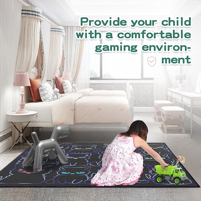 Black Play Cat Rug for Playroom for Boys Girls 59"x39" Funny Cute Cat Cartoon Decor for Bedroom Living Room Non-Slip Comfy Floor Casual Mat Carpet Washable