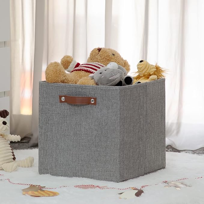 HNZIGE Fabric Storage Cubes Bins Baskets for Shelves Set of 4 Baskets, 13 Inch Storage Bins with Handles, Foldable Storage Cube Organizer Bins Organizing Home Nursery (Gray)
