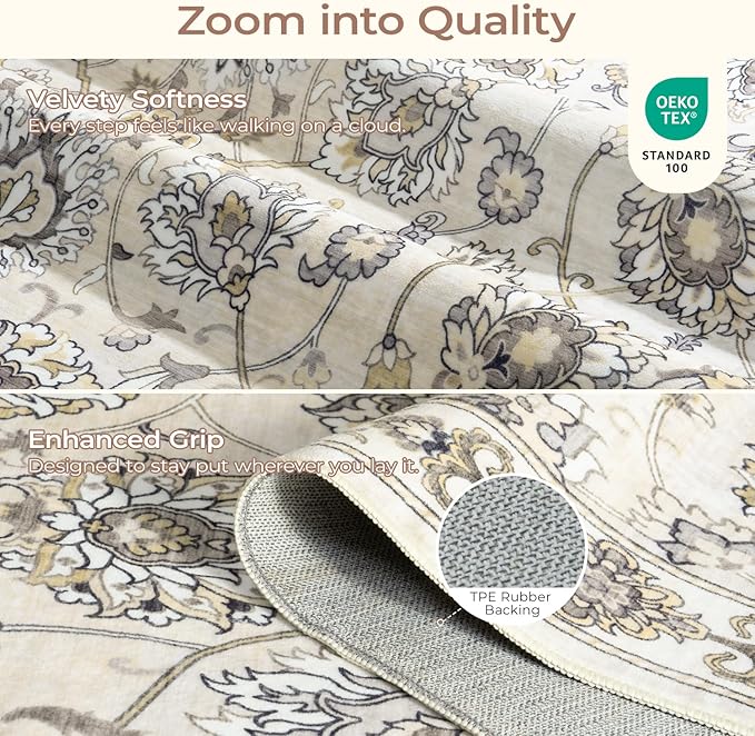 6x9 Area Rug for Living Room & Bedroom, Washable Non-Slip Vintage Rugs, Neutral Floral Soft Carpet, Low Pile Wool Carpets for Indoor Dining Home Office Playroom Under Table, Beige