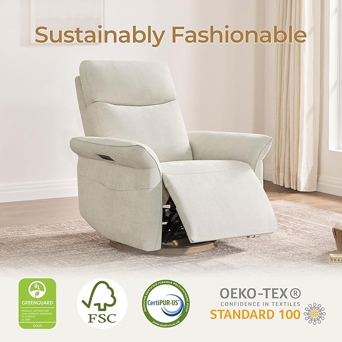 CHITA Power Recliner Chair, Electric Triple-Motor Swivel Glider Nursery Rocking Chair with Adjustable Power Headrest and Lumbar Support, GREENGARD Gold Certified, Solid Wood Base, Linen