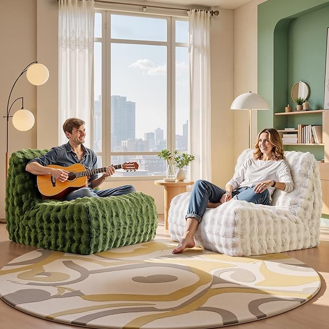Modern Bean Bag Chair, Large Bean Bag Couch for Adults with Memory Foam Filled, Soft Faux Bunny Fur Lazy Chair for Living Room Bedroom Dorm Apartment, No Assembly Required, Green