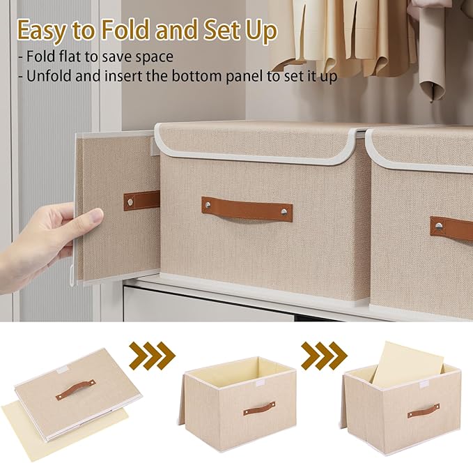 Yawinhe Collapsible Storage Boxes, Linen Fabric Baskets, Bin with lid and Leather Handle, Washable, for Home, Closet, Beige, 17.7''Lx11.8''Wx11.8''H, 1-Pack, USNK024BEX-1