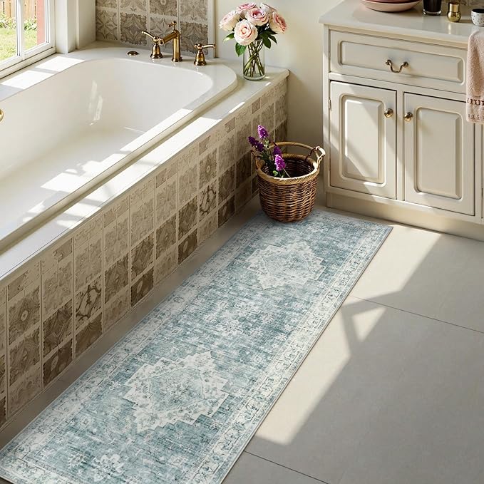 LIVEBOX Washable 2x6 Runner Rug for Bathroom, Non Slip Kitchen Mats for Floor Entryway, Boho Indoor Front Door Mat Low-Pile Runners for Hallways, Farmhouse Rugs for Bath Laundry, Blue