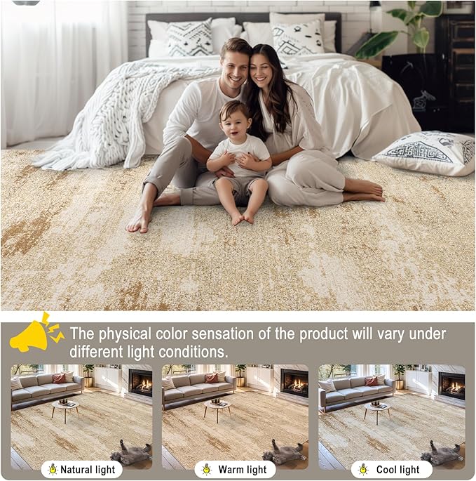 Area Rugs 9x12 Living Room - Washable Rug Modern Abstract Soft Large Neutral Non-Slip Carpet Indoor Floor Stain Resistant Thin Carpets for Bedroom Dining Room Farmhouse Nursery Home Office Beige