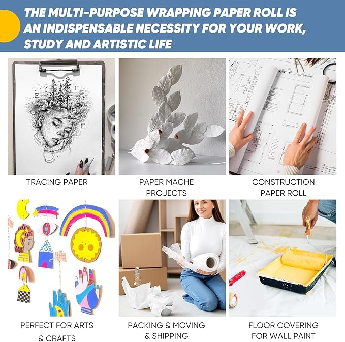 Art Paper Roll for Crafts, Drawing & Painting, 17.75"x1200" (100') White Gift Wrapping Craft Kraft Bulletin Board Poster Banner Coloring Paper, Kids Art Supplies, Wedding Floral Supplies 80GSM 55LB