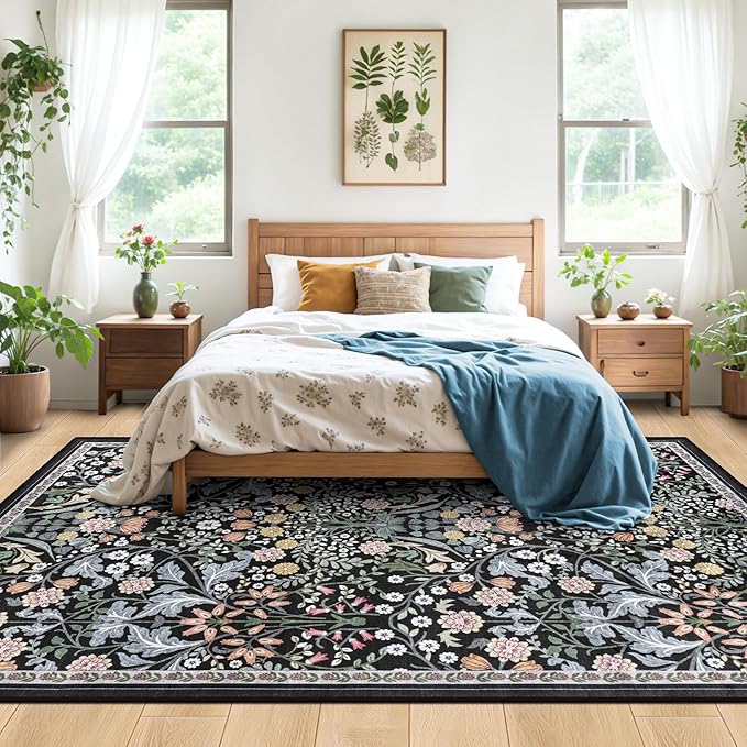 Area Rugs 9x12 Living Room: Floral Washable Rug Vintage Large Soft Boho Non-Slip Carpet Indoor Stain Resistant Low Pile Carpets for Bedroom Dining Room Farmhouse Nursery Hallway Home Office Dark Black