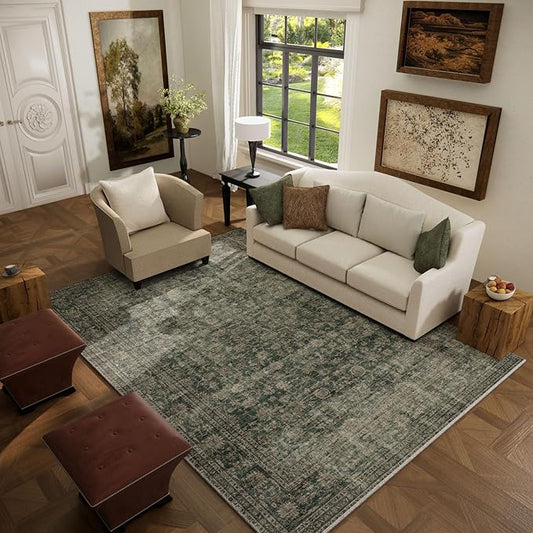Washable Living Room Area Rug: 5x7 Rugs for Bedroom Vintage Stain Resistant Non Slip Low Pile Lightweight Boho Carpet for Kitchen Dining Room Farmhouse Kids Room Nursery