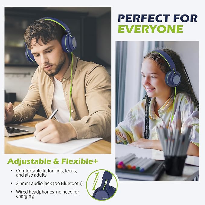 AILIHEN C8 Headphones Wired, On-Ear Headphones with Microphone and Volume Control, Corded 3.5mm Headset for Boys Girl School Smartphones Chromebook Laptop Computer Tablets Airplane Travel (Blue Green)