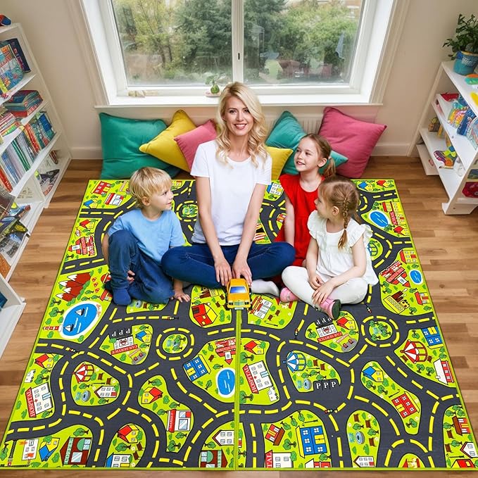 Kids Car Rug Play Mat (2.6x5 Feet) x2pcs, City Road Track Rug for Kids Race Car Track Carpet & Educational