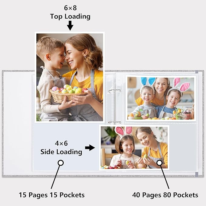 Vienrose Linen 3-Ring Photo Album Holds 190 Photos, 160 4x6 Photos and 30 6x8 Pictures, Picture Album with Multiple Size Pockets, Memory Book for Family Wedding Anniversary Baby, Grey