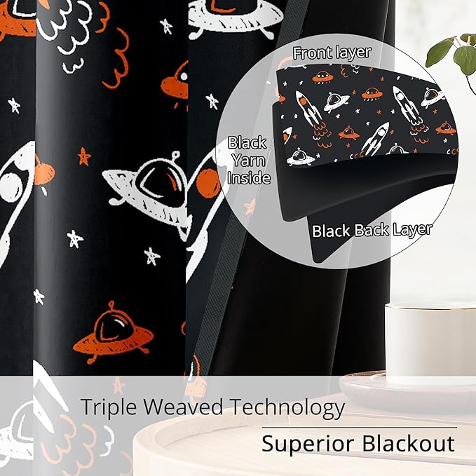 Kids Space Themed Blackout Curtains - 100% Blackout, Thermal Insulated, Noise Reducing, Perfect for Kids Room and Nursery, 2 Panels (Starlight Rocket Chase, W52×L84)