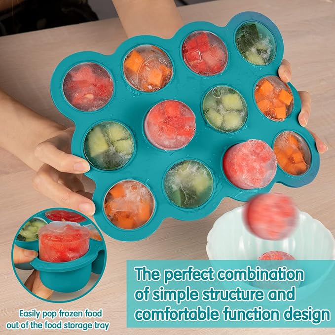 Baby Food Storage 12 x 1.5OZ Silicone Freezer Tray with Lid, Food Grade Silicone Containers for Purees & Vegetables Teal Blue