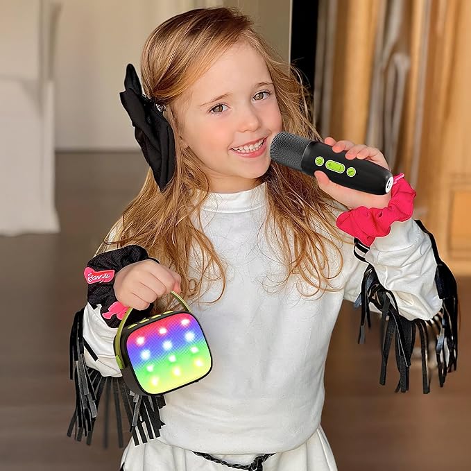 YLL Mini Karaoke Machine with 2 Wireless Microphones, TOP Kids Gifts for Girls Ages 3, 4, 5, 6, 7, 8, 9,10,11,12 +Year Old, 4-12 Years Old Birthday Toy Gift for Girls Boys Party (Black Green)