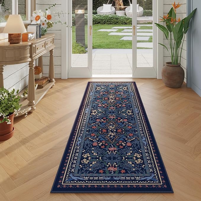 Runner Rug for Kitchen Rug Non Slip 2'6"x8' Washable Rugs with Rubber Backing Soft Vintage Floral Botanical Carpet Runner for Kitchen, Laundry, Bedroom, Bathroom, Blue