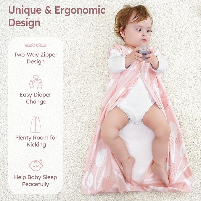 Baby Sleep Sack 12-18 Months 3 Pack 100% Cotton Lightweight 0.5 TOG Wearable Blanket Baby Sleep Bag with 2-Way Zipper for Newborn Infant Pink Flowers & Leaf