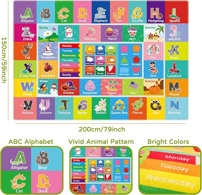 Kids Rug for Playroom, Kids Baby Playmat with Alphabet, Month, Weather, Week and Shapes ABC Educational Rug, Play Mat Carpet for Bedroom Classroom (78.7X59 INCH, Weather)