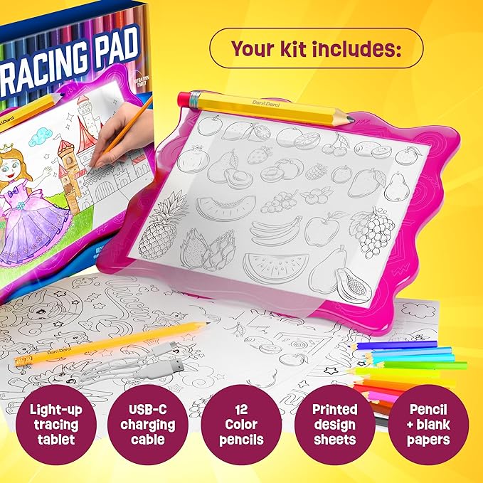 Dan&Darci Light Up Tracing Pad for Kids - Arts & Crafts Writing Drawing Tracer Board, Craft Kit for Girls & Boys Ages 6-12 - Birthday Toys Gifts Ideas for Girl or Boy 6+ Year Old Gift Toy - 6 7 8 9 10
