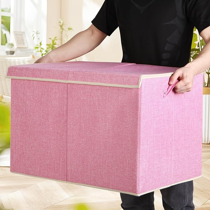 popoly 122L Large Toy Box Chest with Lid, Foldable Toy Storage Organizer Bin Boxes with Removable Divider for Kids, Boys, Girls, Nursery, Playroom, 26"x17" x17"(Linen Pink)