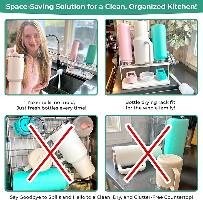 Bottle Drying Rack for Kitchen Countertop, Space Saving Storage Stand with Drainage Tray, Two-Tier Design for Tumblers, Baby Bottles, Water Bottle Drying Rack with 5-in-1 Bottle Cleaning Brush