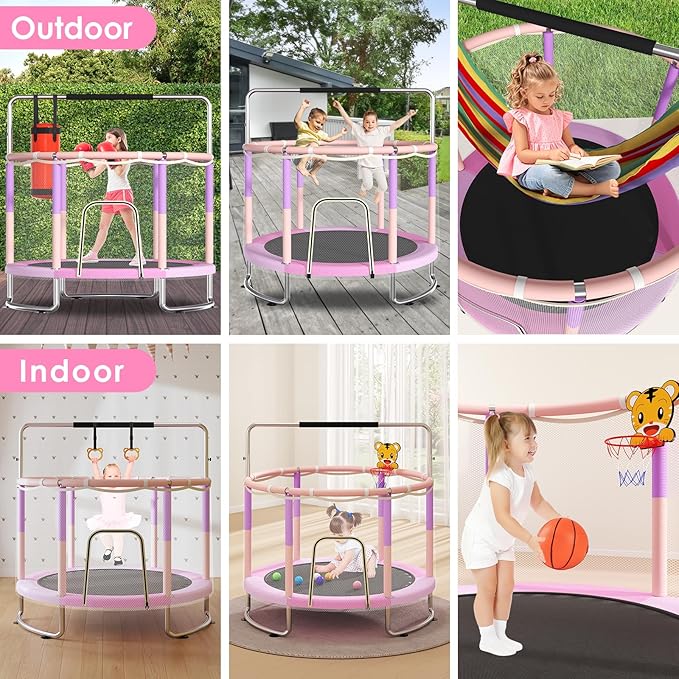 Trampoline for Kids, Upgrade Full Anti-Rust 440lbsToddler Trampoline with Net, Upgraded Ring Legs with Adjustable Gymnastics Bar&Toys, Gifts for Ages 1-8 Boys&Girls