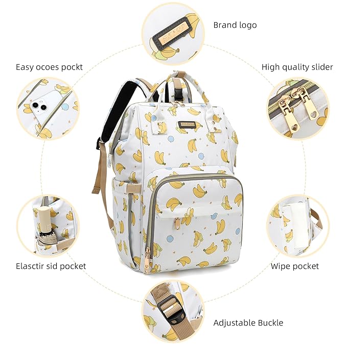 Diaper Bag Backpack, Diaper Bags for Baby Girls Boys, Baby Bags for Moms Dads, Nappy Changing Bag with Insulated Pockets,Multi-functional Waterproof Backpack with Stroller straps -Beige Banana