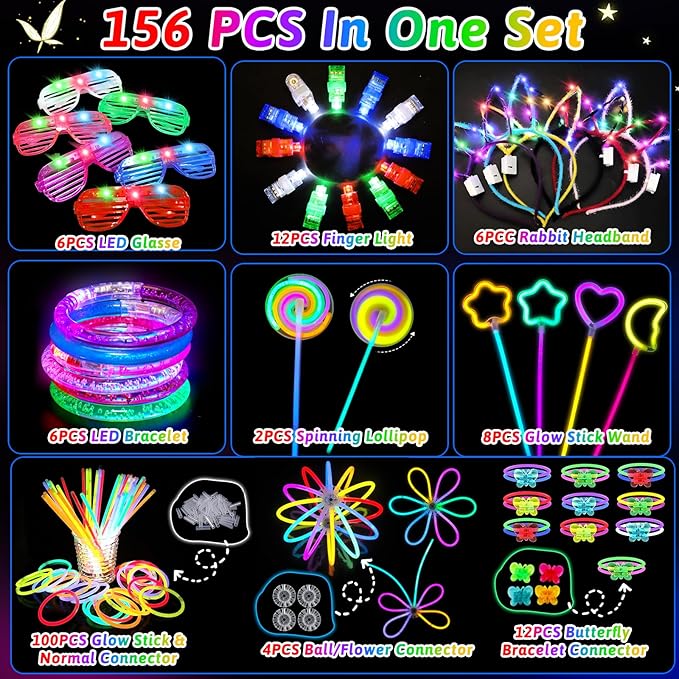 156PCS Glow in The Dark Party Supplies for Kids 8-12, Light Up Glasses Headband Rings Halloween Party Favor Adult, 100 Glow Sticks Bulk Party Pack DIY Necklaces Bracelets Neon Camping Pool Decorations