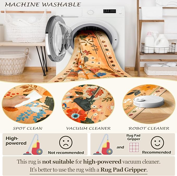 Floral 8x10 Area Rug Machine Washable Soft Print Boho Carpet Non Slip Doormat Low Pile Flower Area Rugs for Living Room Bedroom Nursery Kitchen Dining Room Indoor-Yellow/Orange