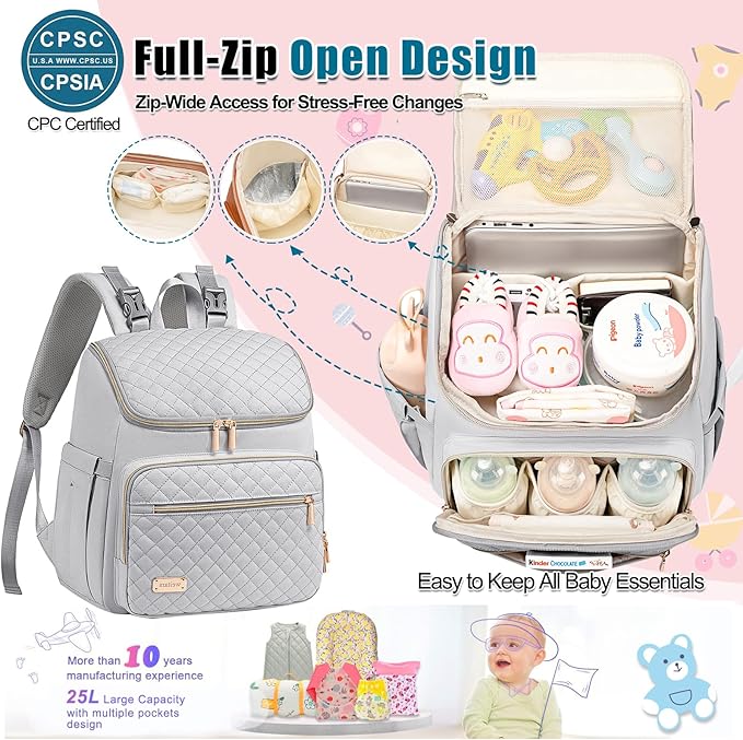 Weitars Diaper Bag Backpack Large Baby Diaper Bag with Changing Pad Travel Diaper Backpack,Baby Bag for Boys Girls,Stroller Straps,5 Insulated Pockets (Gray)