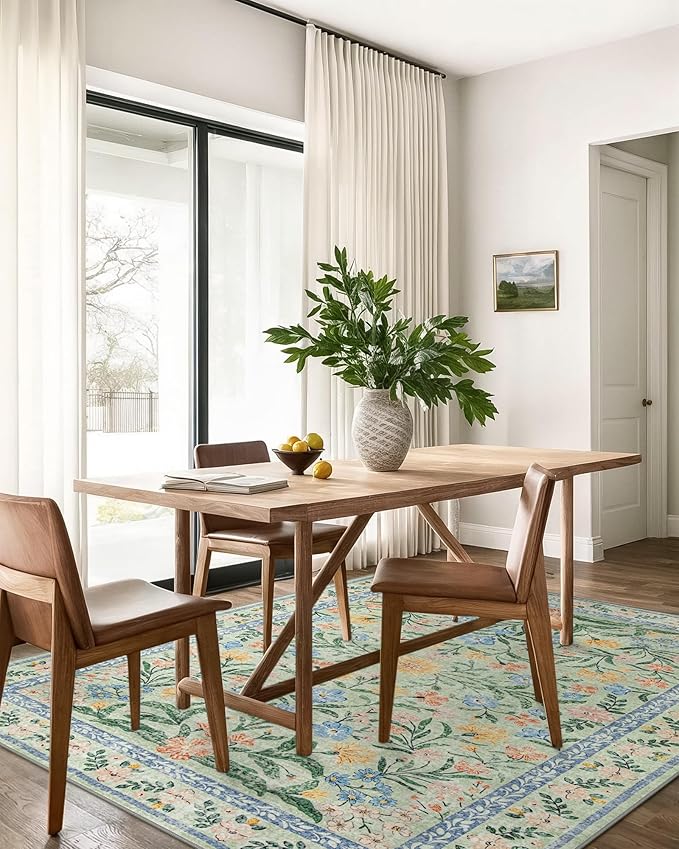 Wonnitar Machine Washable 5x7 Area Rug, Boho Floral Rugs for Living Room Non-Slip, Soft Pink and Green Flower Ultra-Thin Non Shedding Carpet for Bedroom Dining Room Nursery