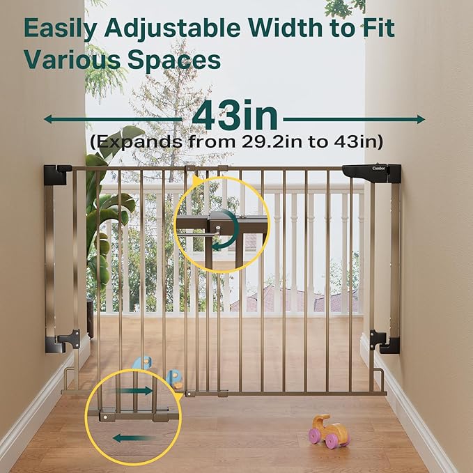 Cumbor 29.2-43" No Bottom Bar Baby Gate for Stairs, 2-in-1 Hardware Mounted Dog Gate Indoor, Pet Gate for Doorways with Large Walk Thru Door, Child-Proof Safety Gate for Top & Bottom of Stairs (Brown)