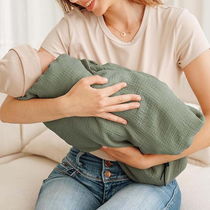 Konssy Muslin Nursing Cover for Breastfeeding, 360° Full Privacy Breathable 100% Cotton Breastfeeding Cover, Multi-use Carseat Canopy(Fog Green)