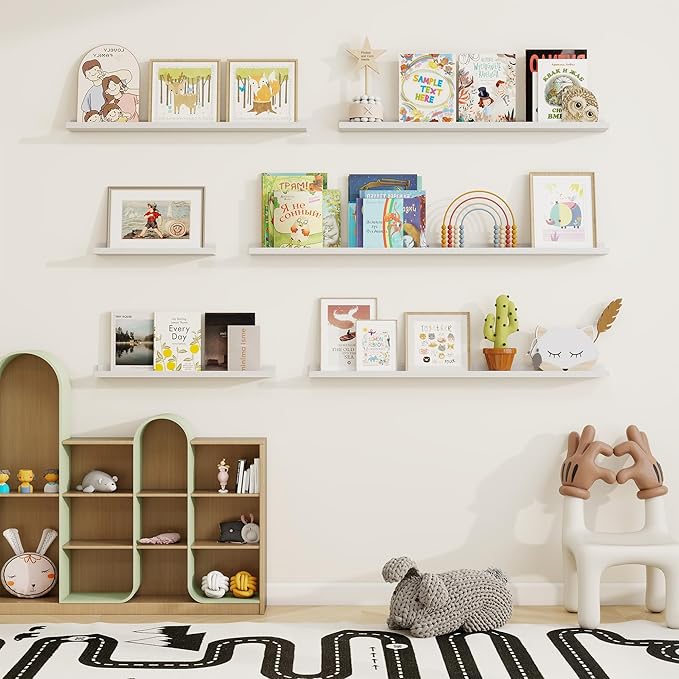 Picture Ledge Shelf, Solid Pine Wood Floating Shelves Set of 2, 36 Inches Nursery Book Shelves for Toys Storage, Kids Bookshelf Wall Mounted for Living Room Bedroom Decor Books Photo Frames, White