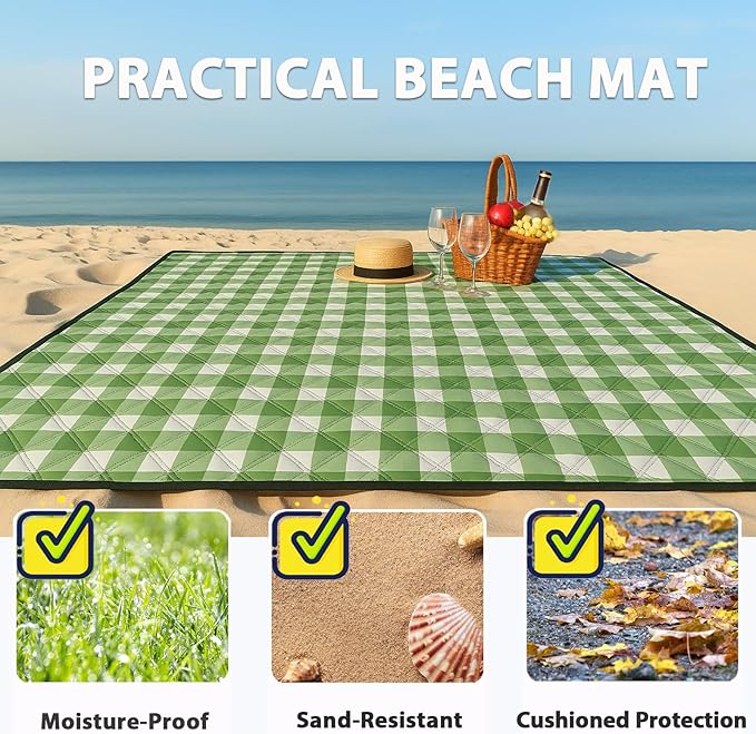 TigeJoy Extra Large Picnic Blanket Waterproof Foldable 118''x118'', Outdoor Picnic Mat Beach Blanket Sandproof for Park, Grass, Travel, Hiking, Camping Essentials, Gingham Picnic Blanket