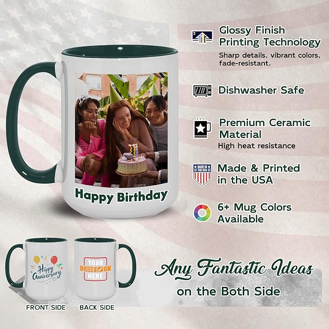 Custom Mug Upload Your Picture Personalized Coffee Mug with Photo Text Name Customized Cup Unique Ideas Gifts for Men Women Mom Dad Girlfriend Boyfriend Friend Family (Dark Green, 15oz)