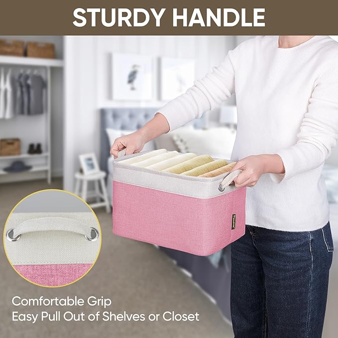 BALEINE 4 Pack Fabric Storage Bins for Shelves, Linen Storage Baskets for Organizing, Decorative Closet Bins for Clothes, Home (Pink, 12"x8"x8")