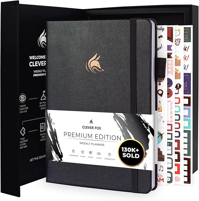 Clever Fox Planner Premium Edition – Undated Luxurious Weekly & Monthly Planner to Increase Productivity and Hit Your Goals – Organizer – Start Anytime, A5, Lasts 1 Year, Silver Black (Weekly)