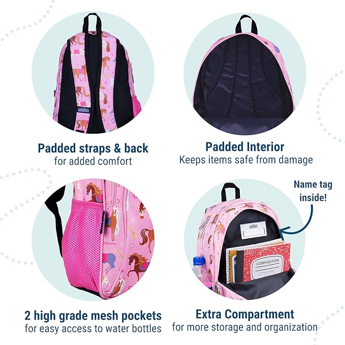 Wildkin 15-inch Kids Backpack – Durable, Padded, Adjustable for School & Travel - Horses