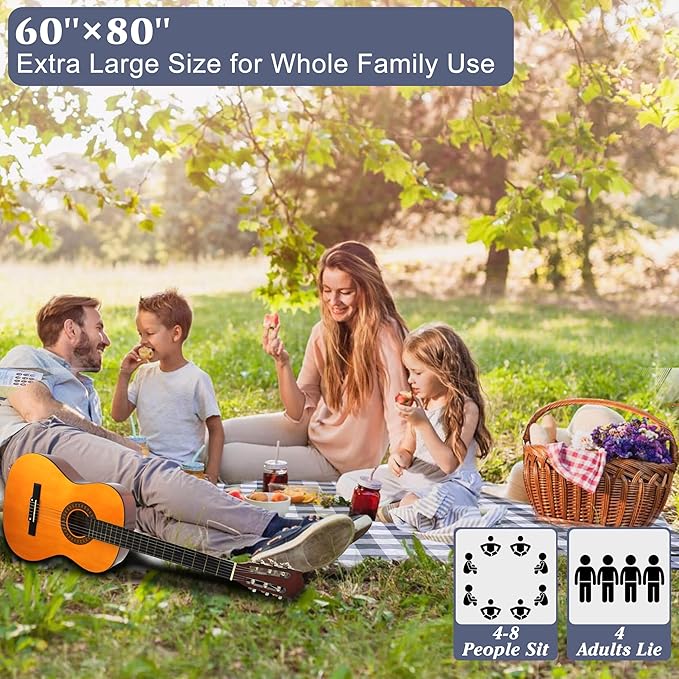 HX&OD Outdoor Picnic Blanket, Extra Large, 80''x60'' Waterproof Foldable Blankets Gingham Picnic Mat for Beach, Camping Grass Lawn Park Accessories Cute Couple Ideas Wedding (Gray, 80”x60”)
