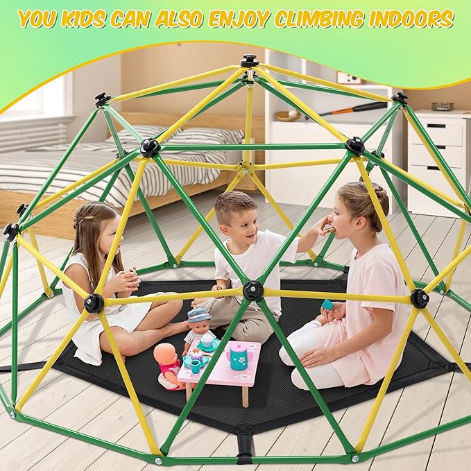 Climbing Dome, 10FT Dome Climber with Hammock & Swing for Kids 3-10, Kids Outdoor Jungle Gym Supports 1000lbs, Easy Assembly Playground Jungle Gym Backyard Play Equipment, Yellow+Green