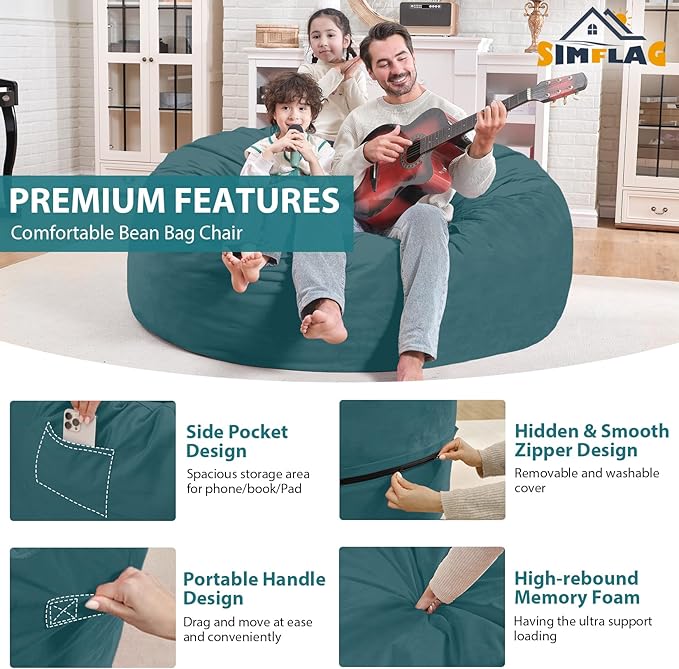 4FT Bean Bag Chair, Large Bean Bag Chairs with Memory Foam Filled, Fluffy Beanbag Sofa with Dutch Velvet Cover, Round BeanBag Chairs for Living Room, Playroom - Sea Blue