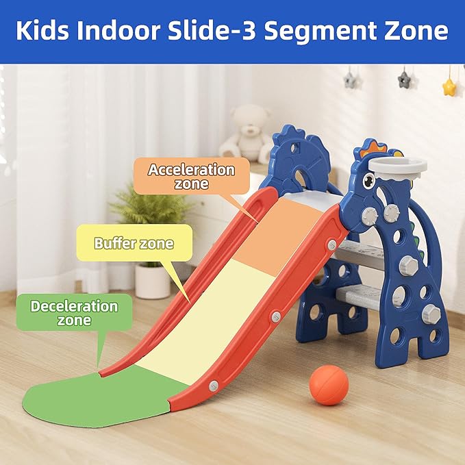 67i Toddler Slide for Indoor & Outdoor Play with Basketball Hoop, Anti-Slip Steps, 46.8in Baby Climber (Blue)